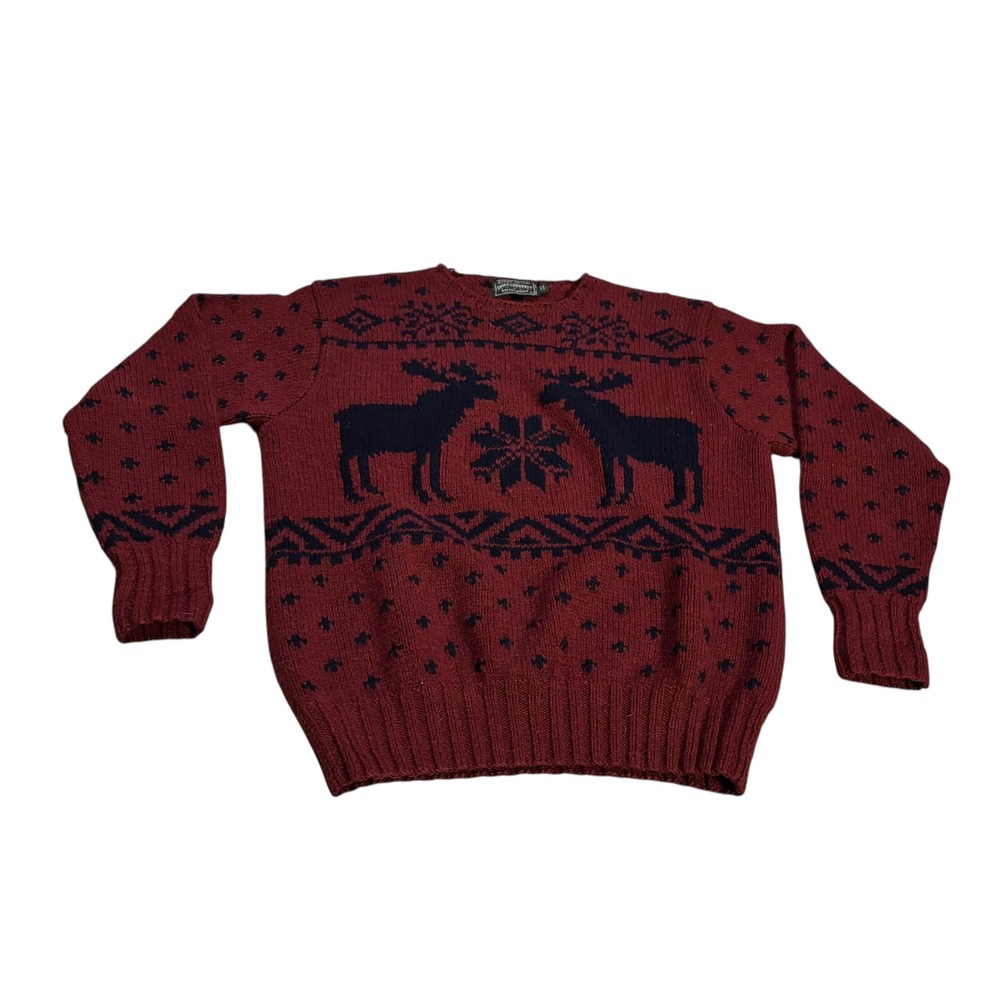 Polo Country Ralph‎ Lauren Hand Knit Wool Moose Sweater Burgundy Mens Large Vtg